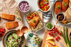 Salmon dinner spread of whole foods products